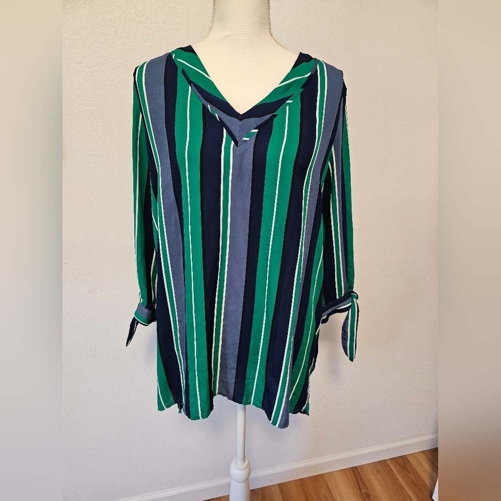 Worthington Green and Blue Striped Blouse Women's Size Large - Picture 8 of 8